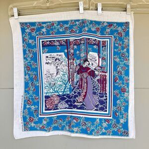 Vintage 80s Asian-Inspired Floral Poly Cotton Handkerchief Scarf USA